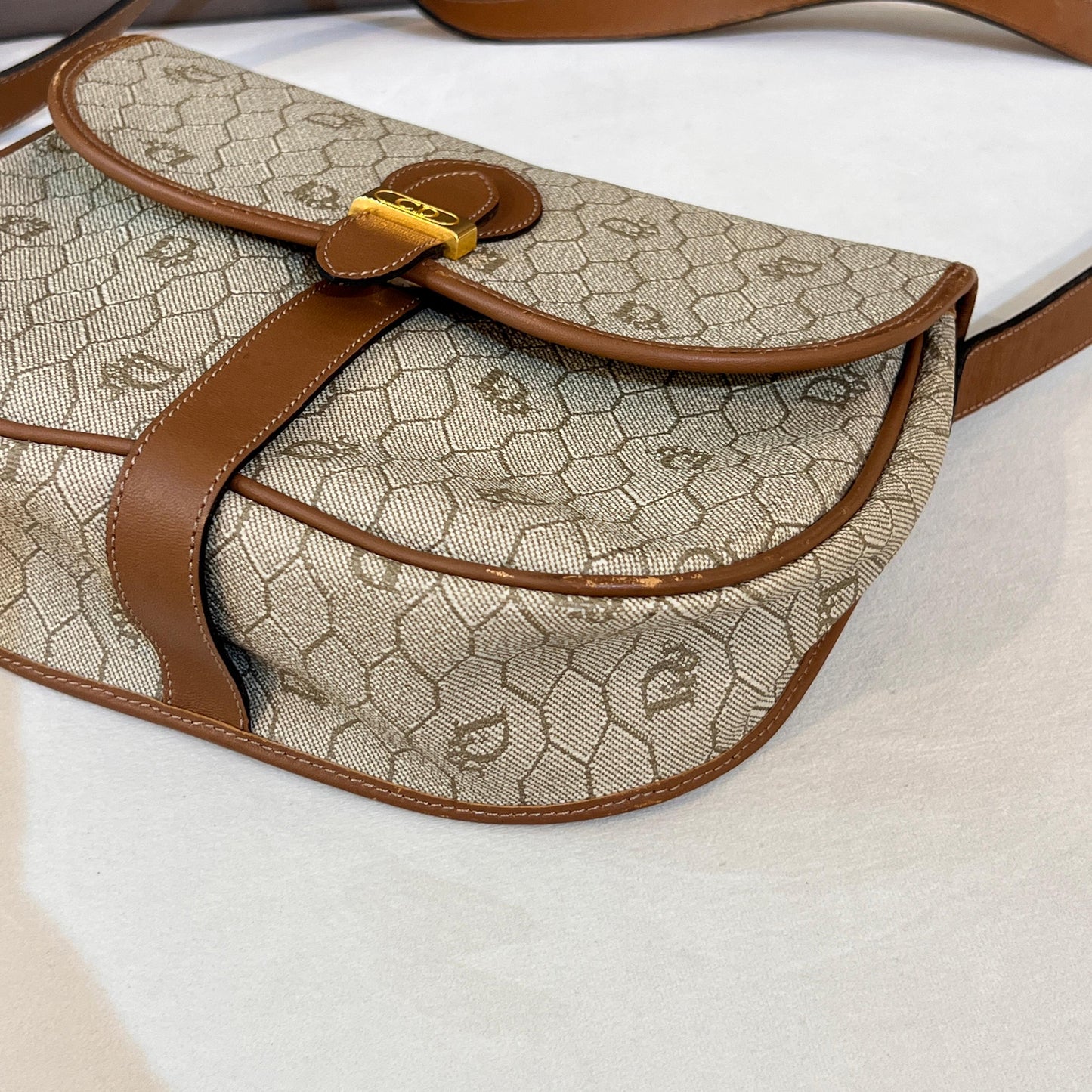 Christian Dior Vintage Beige Pvc Monogram Brown Leather Trim Shoulder Bag