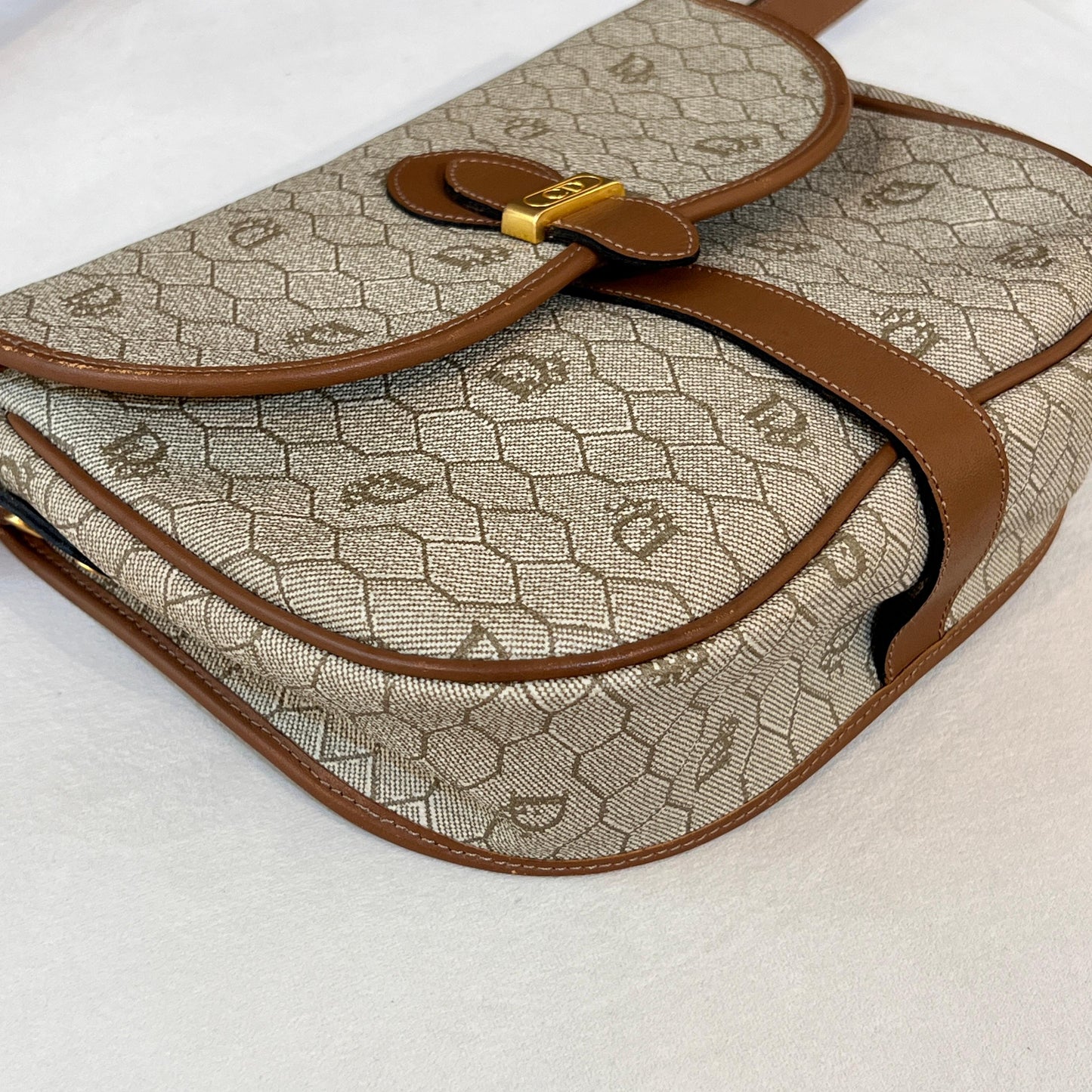 Christian Dior Vintage Beige Pvc Monogram Brown Leather Trim Shoulder Bag