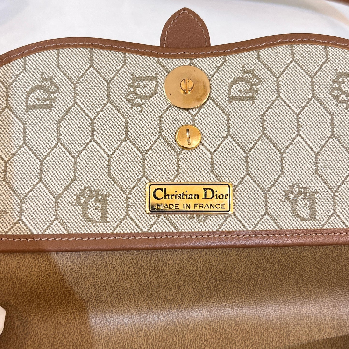Christian Dior Vintage Beige Pvc Monogram Brown Leather Trim Shoulder Bag