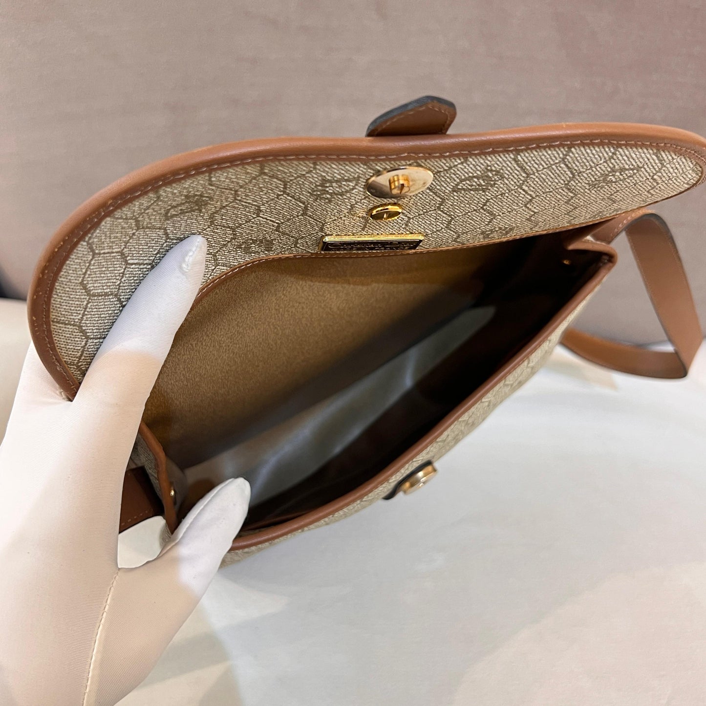 Christian Dior Vintage Beige Pvc Monogram Brown Leather Trim Shoulder Bag