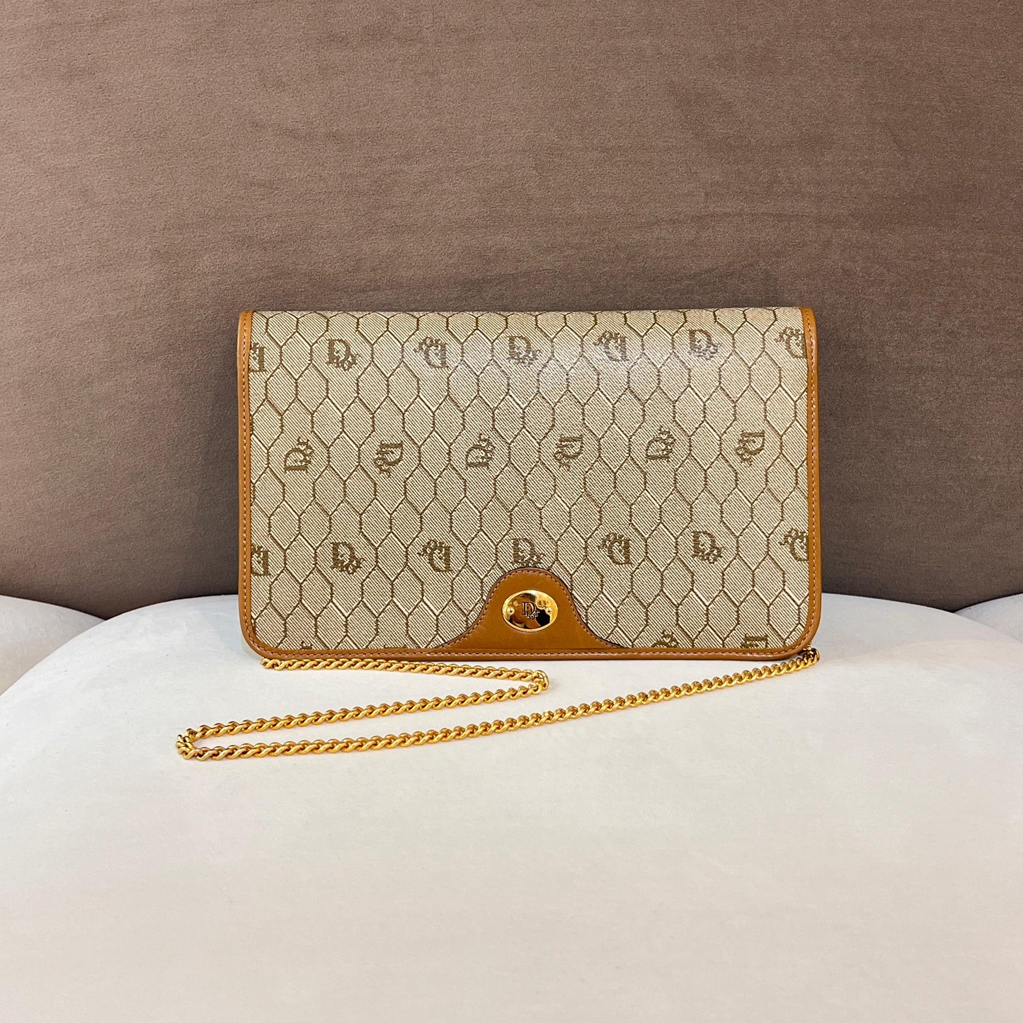 Christian Dior Vintage Honeycomb Canvas Gold Chain Shoulder Bag