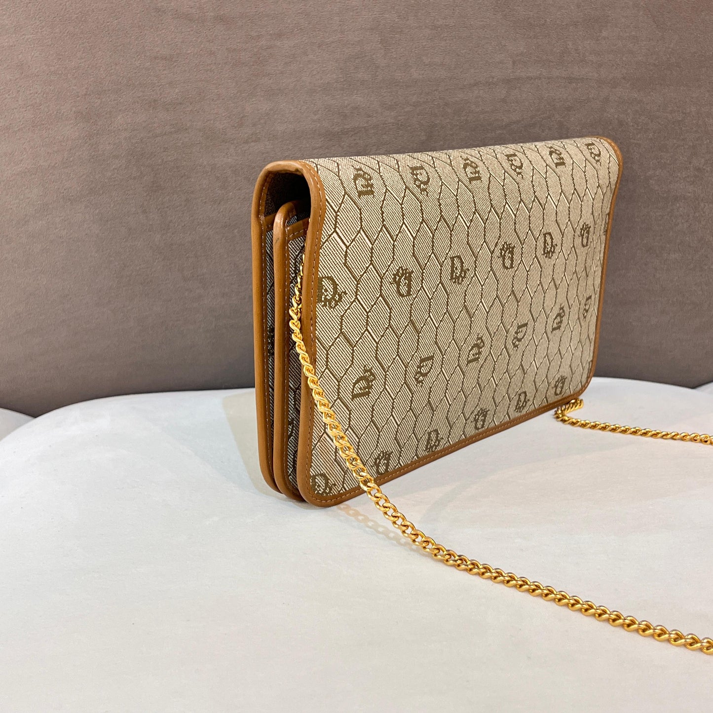 Christian Dior Vintage Honeycomb Canvas Gold Chain Shoulder Bag