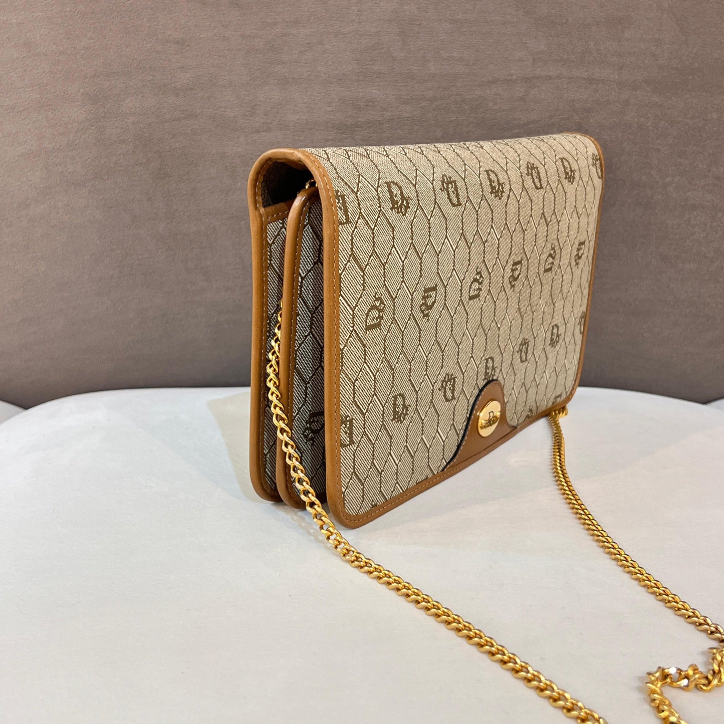 Christian Dior Vintage Honeycomb Canvas Gold Chain Shoulder Bag