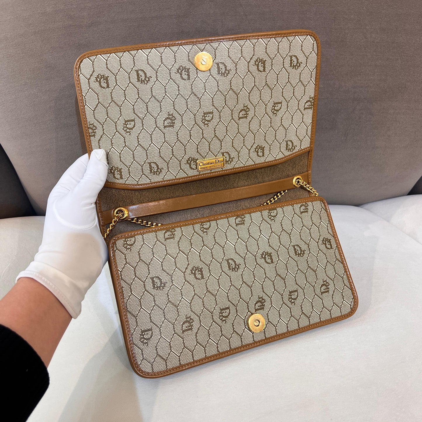 Christian Dior Vintage Honeycomb Canvas Gold Chain Shoulder Bag