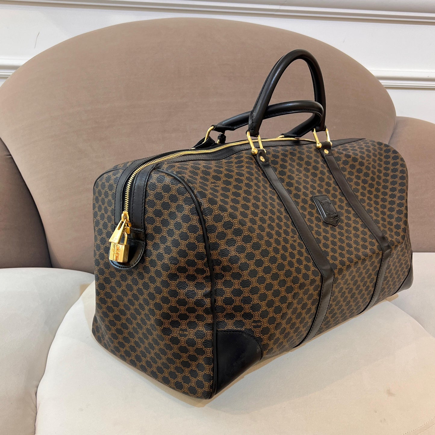 Celine Vintage Black Macadam Pvc Leather Boston Bag With Padlock