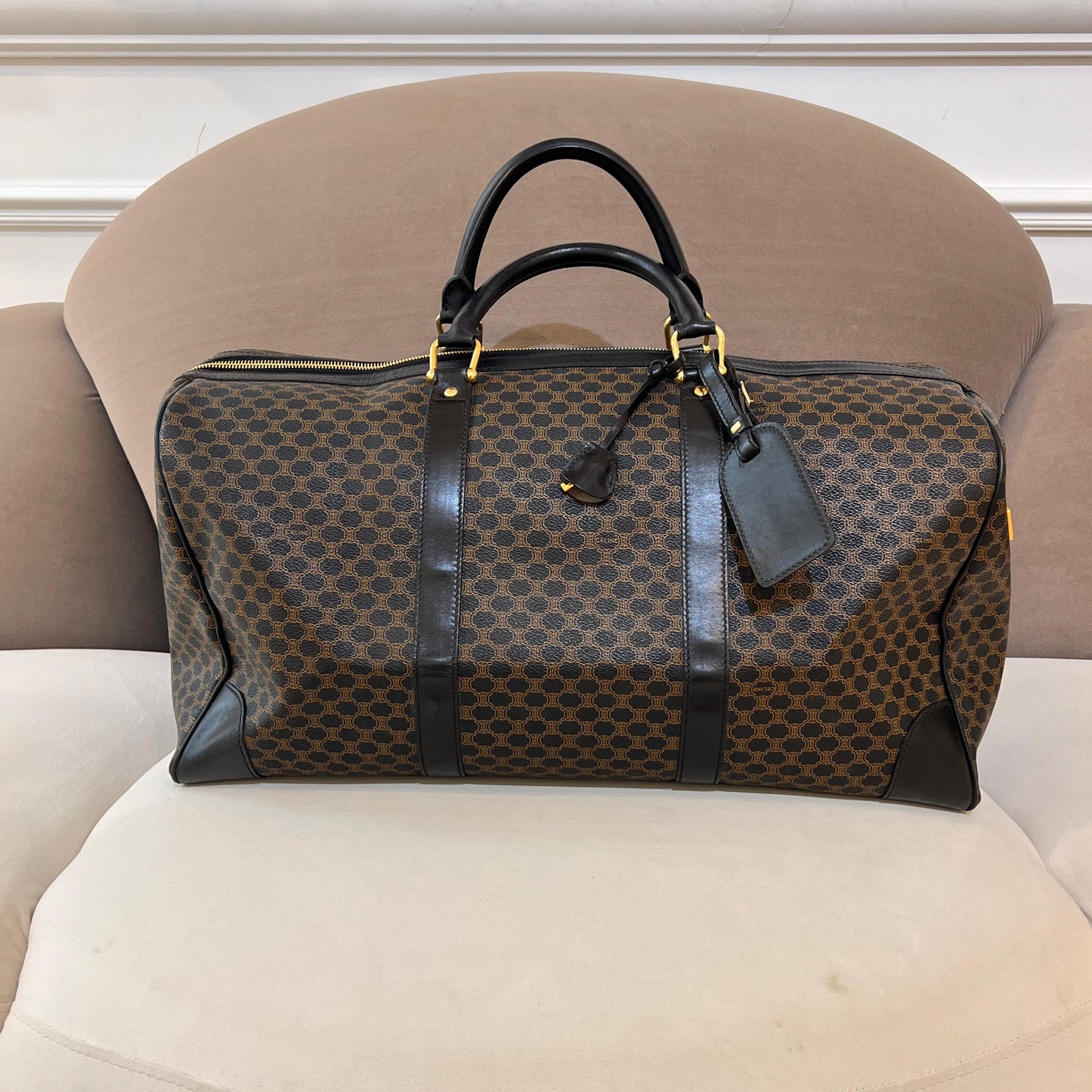 Celine Vintage Black Macadam Pvc Leather Boston Bag With Padlock