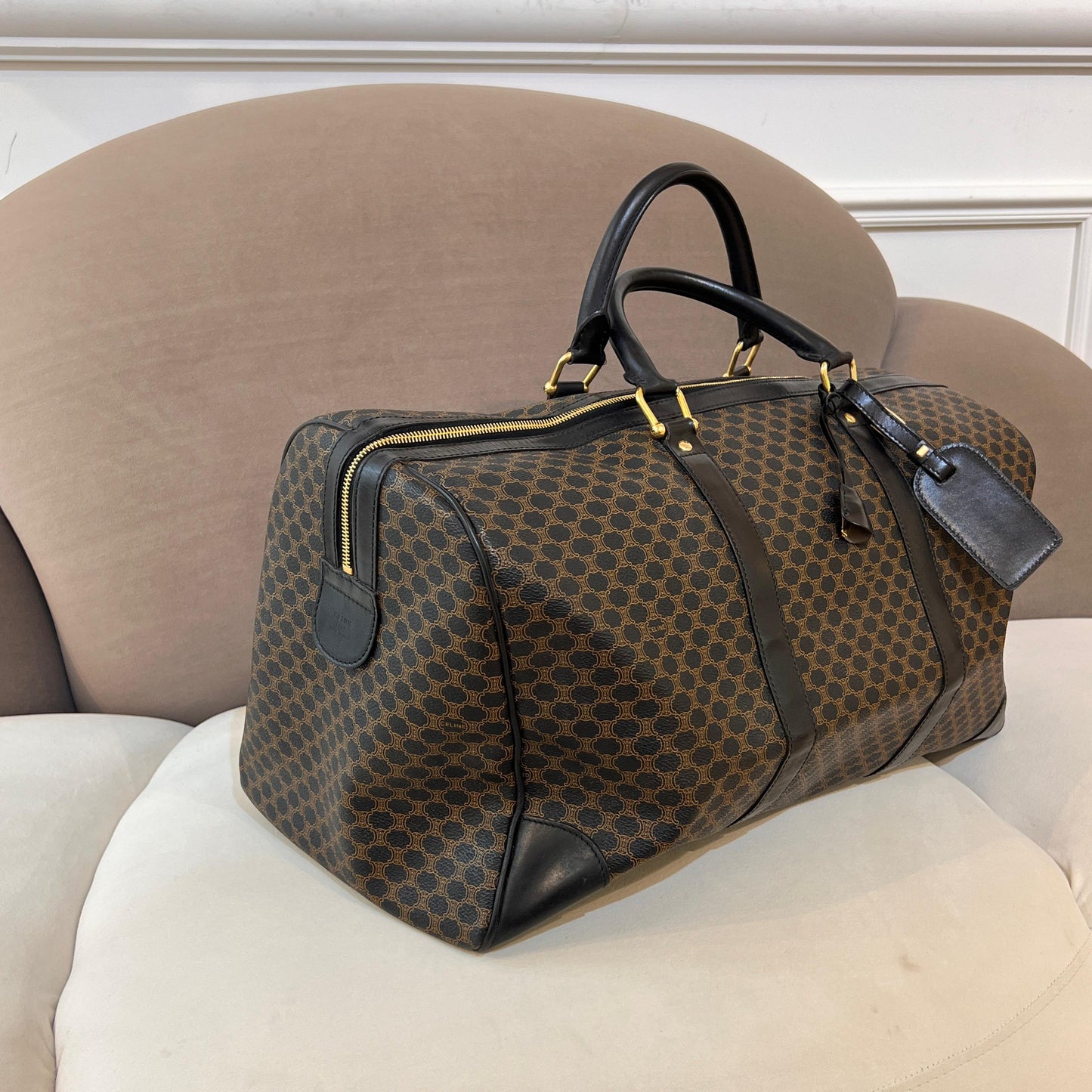 Celine Vintage Black Macadam Pvc Leather Boston Bag With Padlock