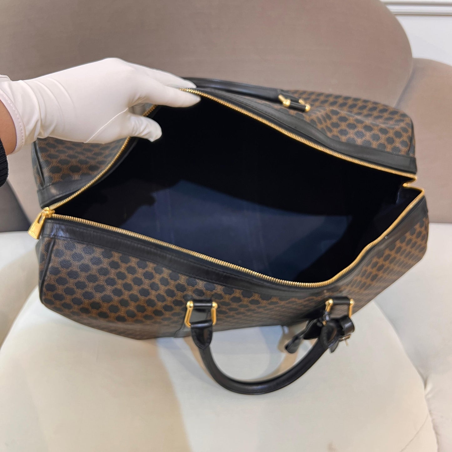 Celine Vintage Black Macadam Pvc Leather Boston Bag With Padlock