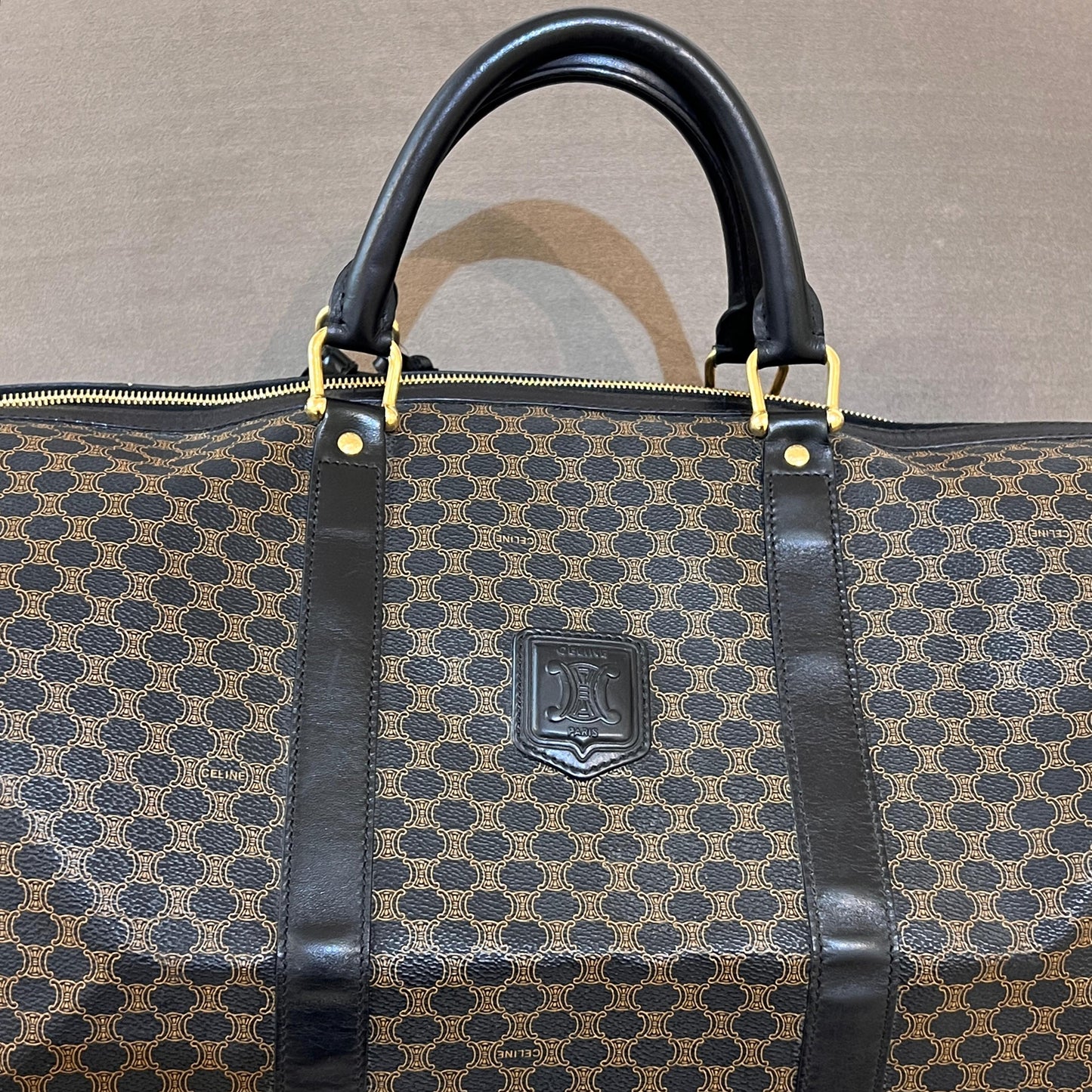 Celine Vintage Black Macadam Pvc Leather Boston Bag With Padlock