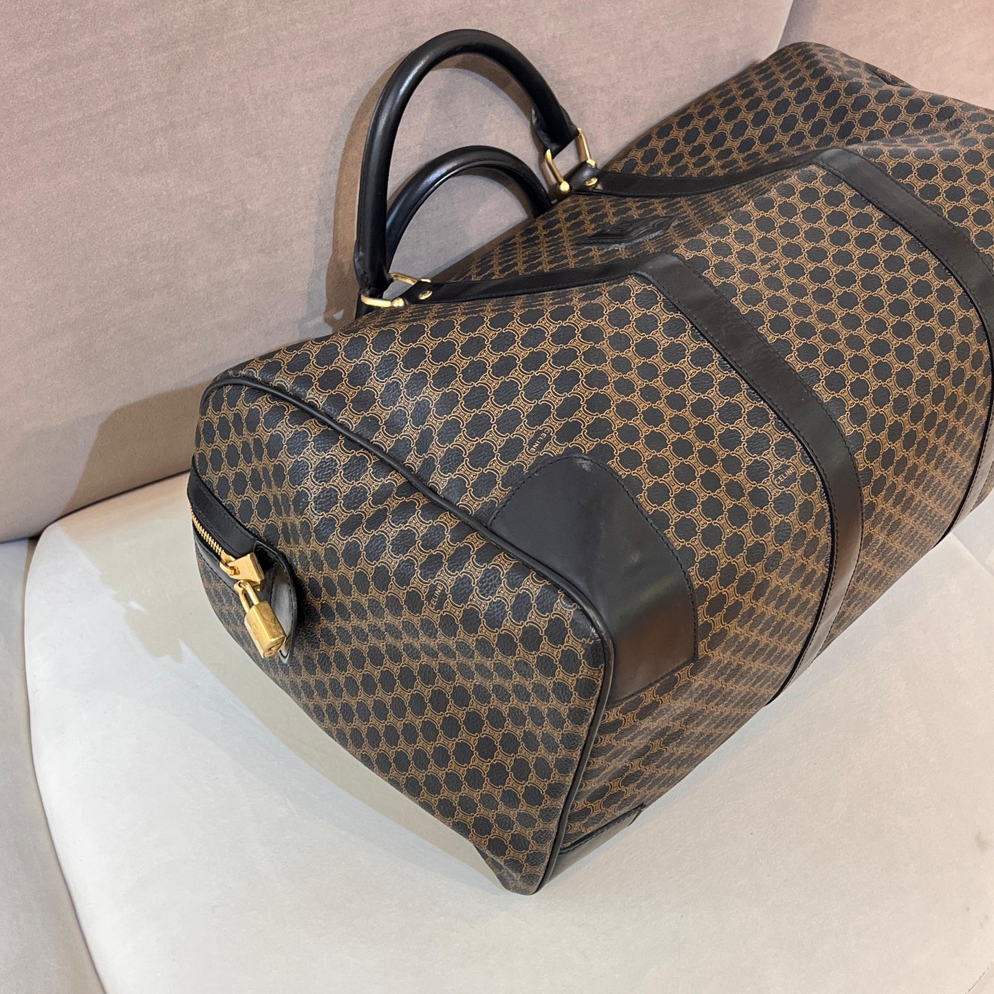 Celine Vintage Black Macadam Pvc Leather Boston Bag With Padlock