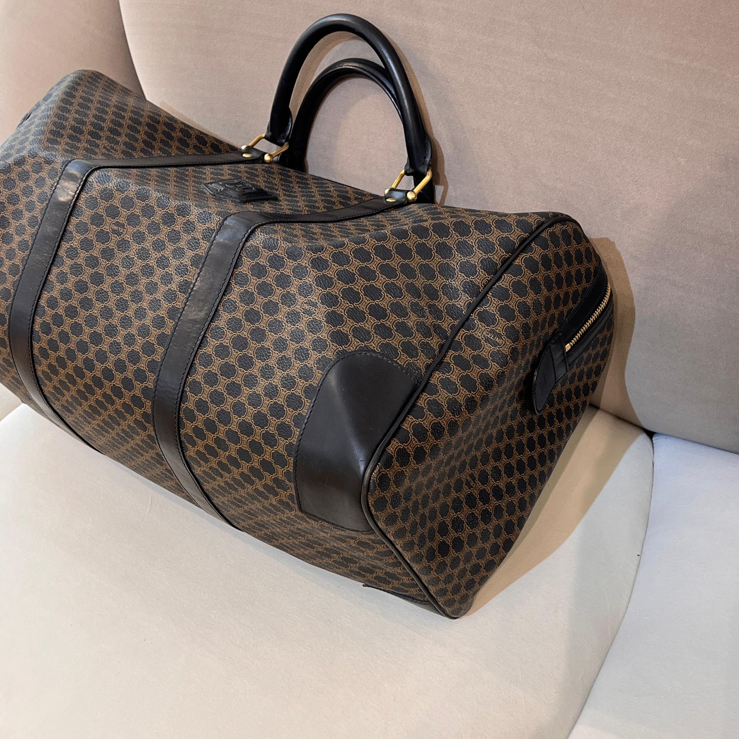 Celine Vintage Black Macadam Pvc Leather Boston Bag With Padlock