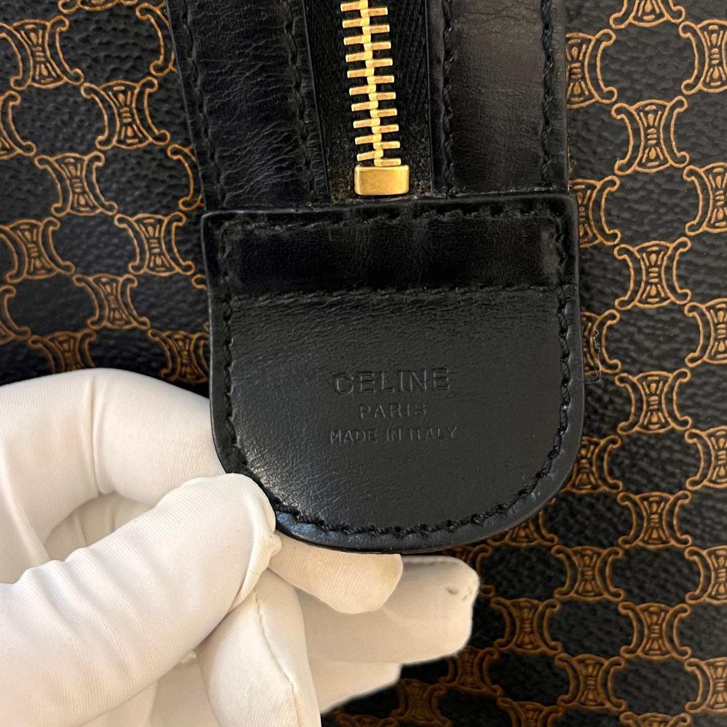 Celine Vintage Black Macadam Pvc Leather Boston Bag With Padlock
