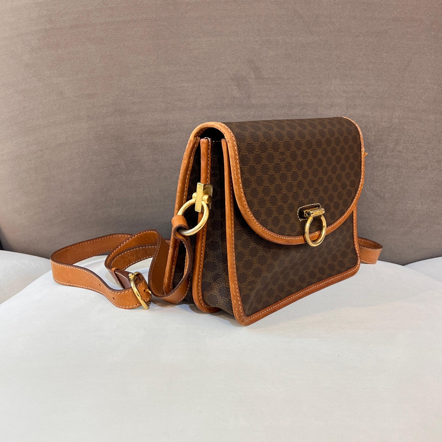 Celine Vintage Macadam Canvas Caramel Leather Trim Shoulder Bag
