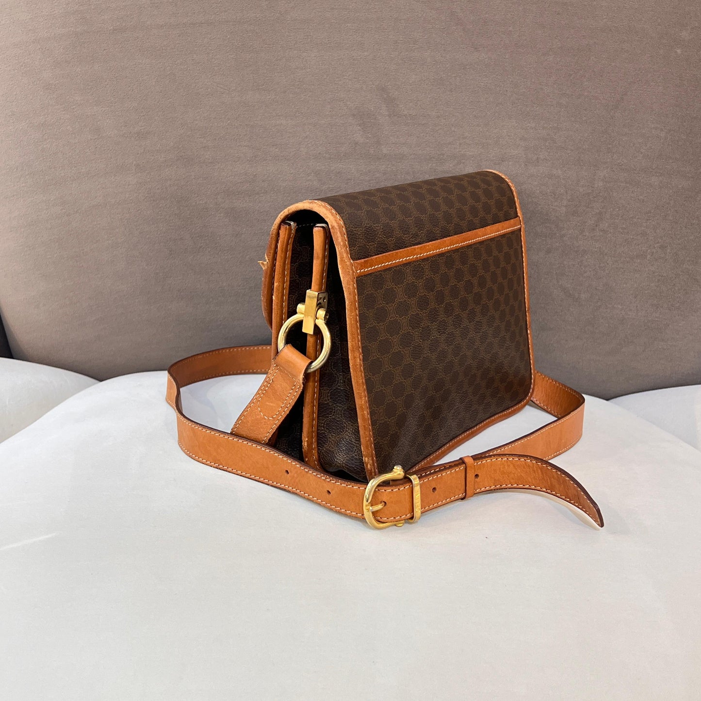 Celine Vintage Macadam Canvas Caramel Leather Trim Shoulder Bag