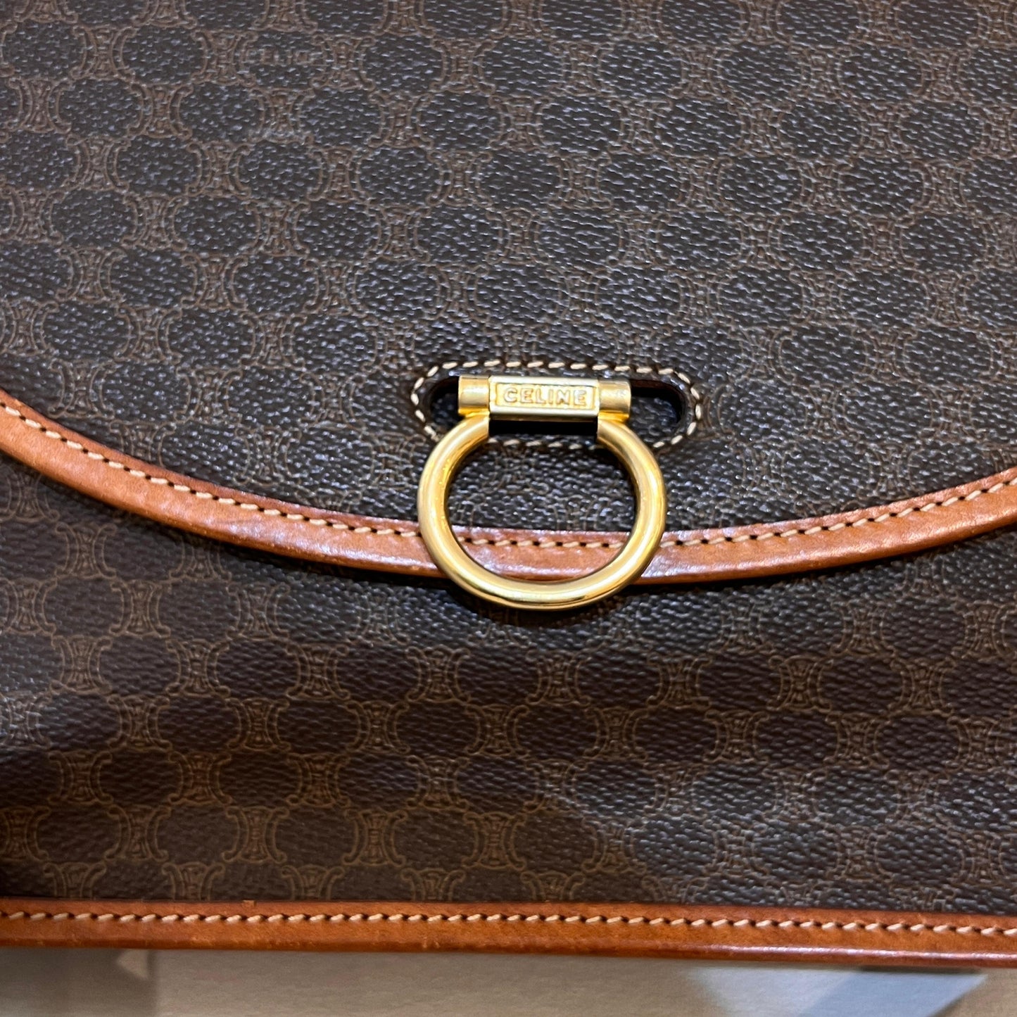 Celine Vintage Macadam Canvas Caramel Leather Trim Shoulder Bag
