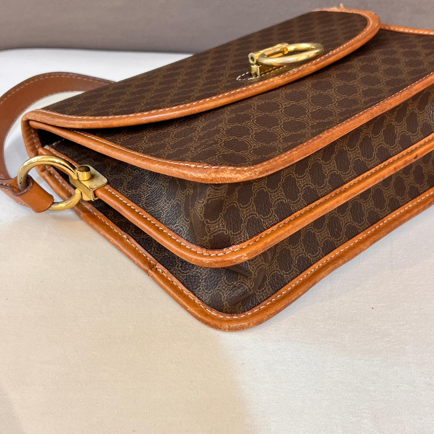 Celine Vintage Macadam Canvas Caramel Leather Trim Shoulder Bag