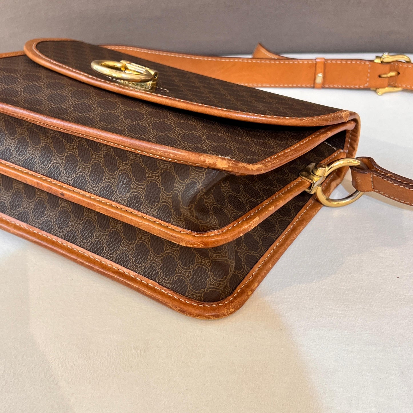 Celine Vintage Macadam Canvas Caramel Leather Trim Shoulder Bag