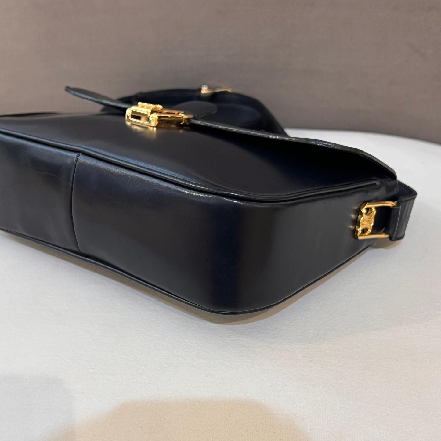 Celine Vintage Navy Leather Gold Push-Lock Shoulder Bag With Pouch
