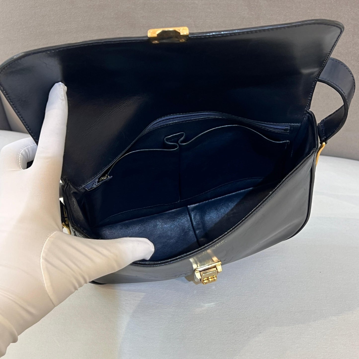 Celine Vintage Navy Leather Gold Push-Lock Shoulder Bag With Pouch