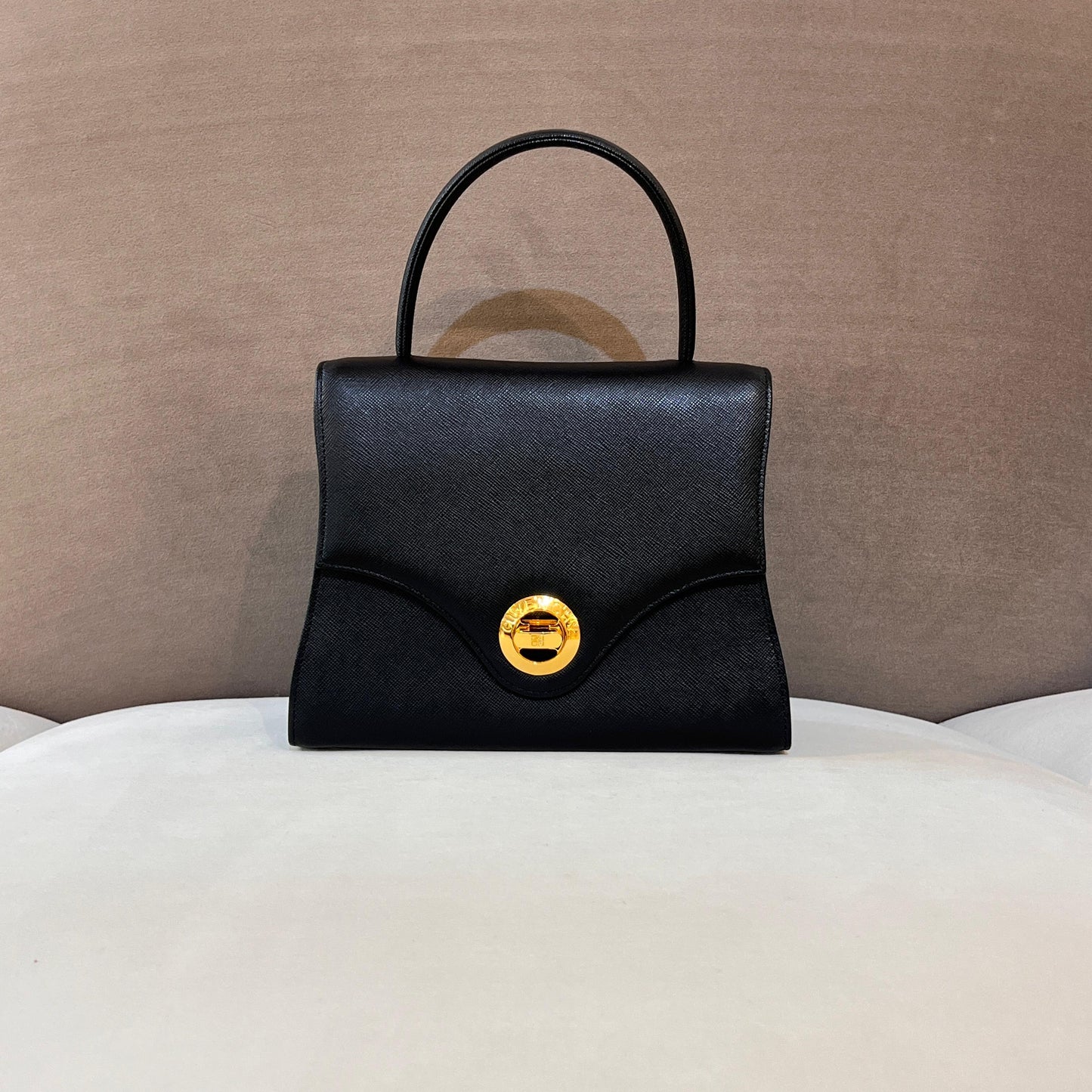 Givenchy Vintage Black Leather Gold Logo Clasp Top Handle Bag