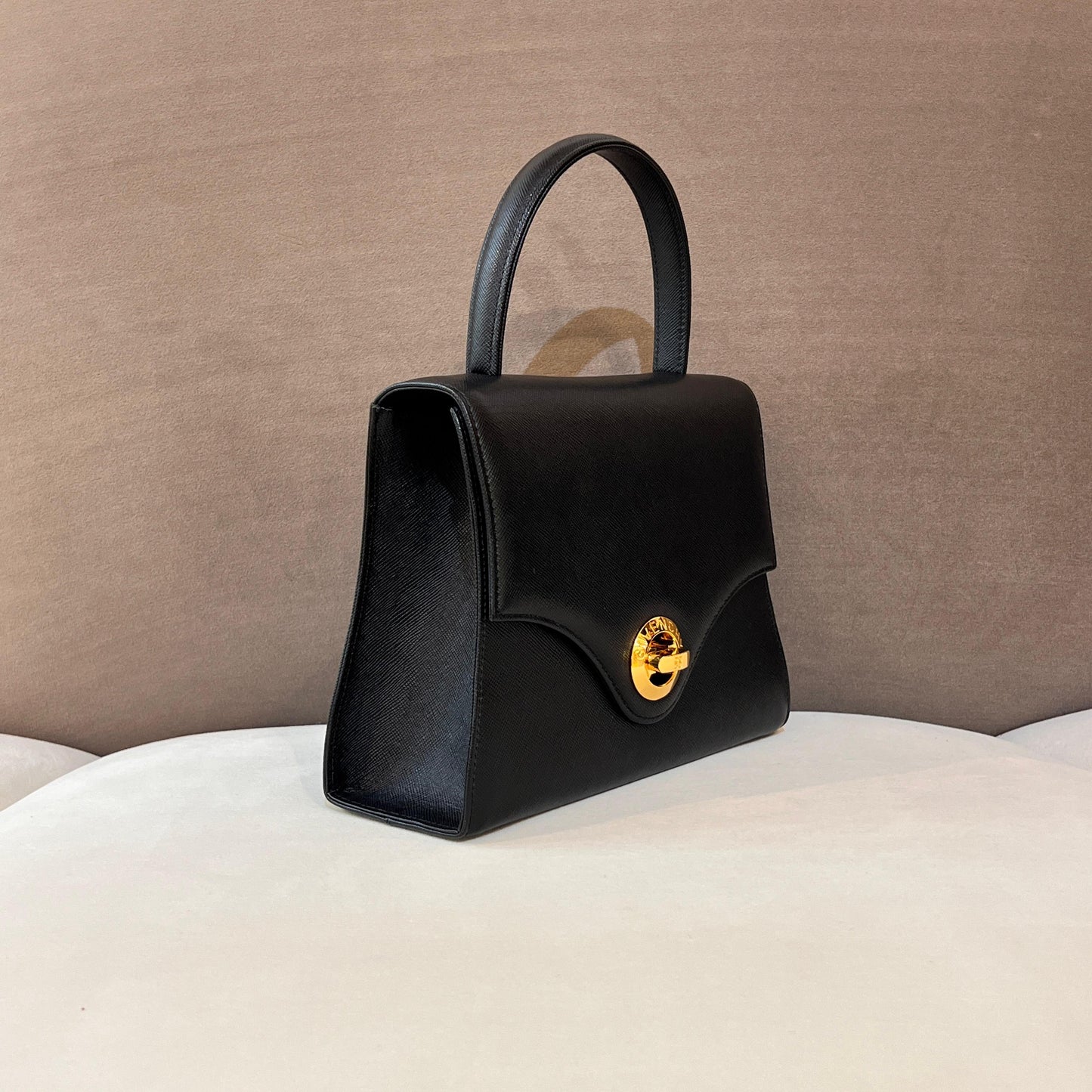 Givenchy Vintage Black Leather Gold Logo Clasp Top Handle Bag