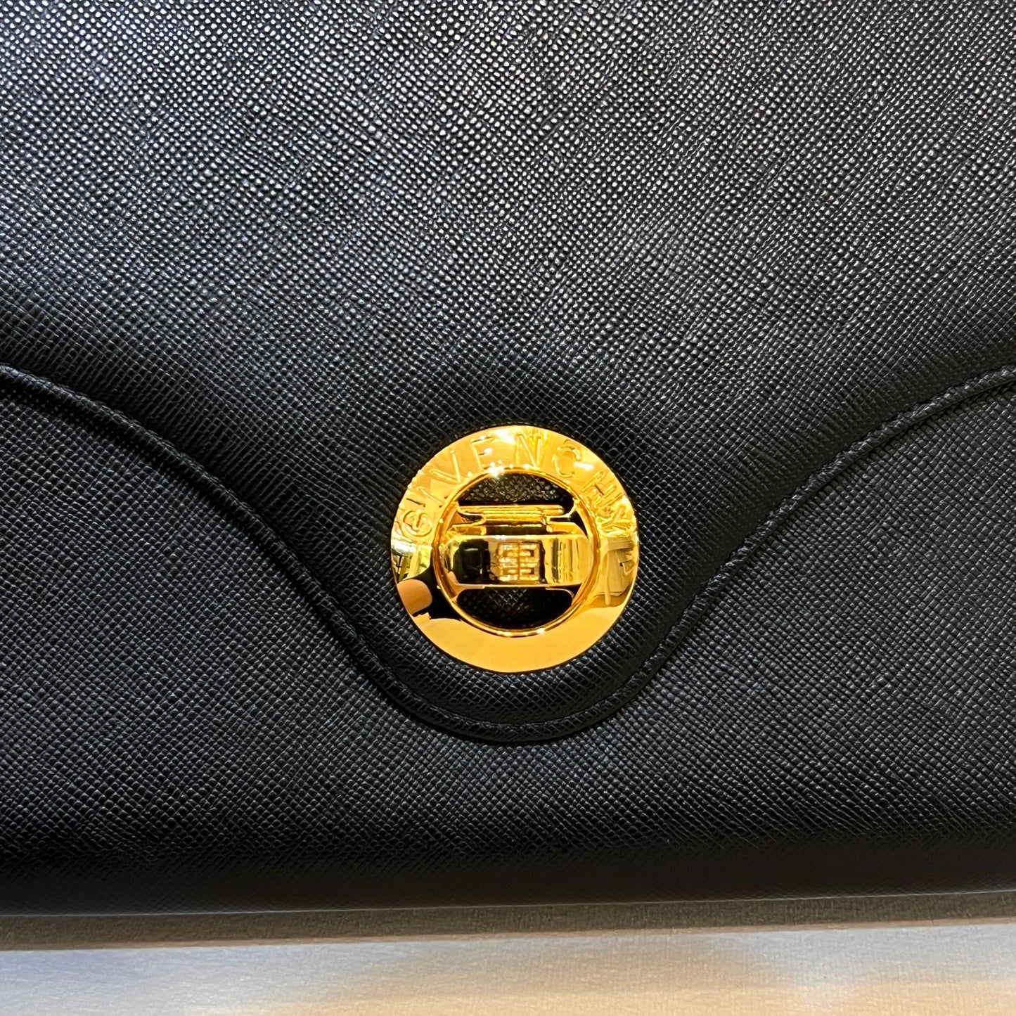 Givenchy Vintage Black Leather Gold Logo Clasp Top Handle Bag