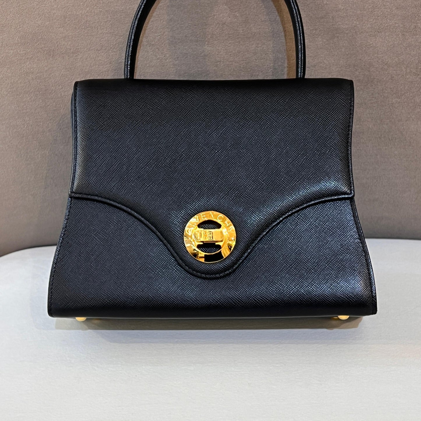 Givenchy Vintage Black Leather Gold Logo Clasp Top Handle Bag