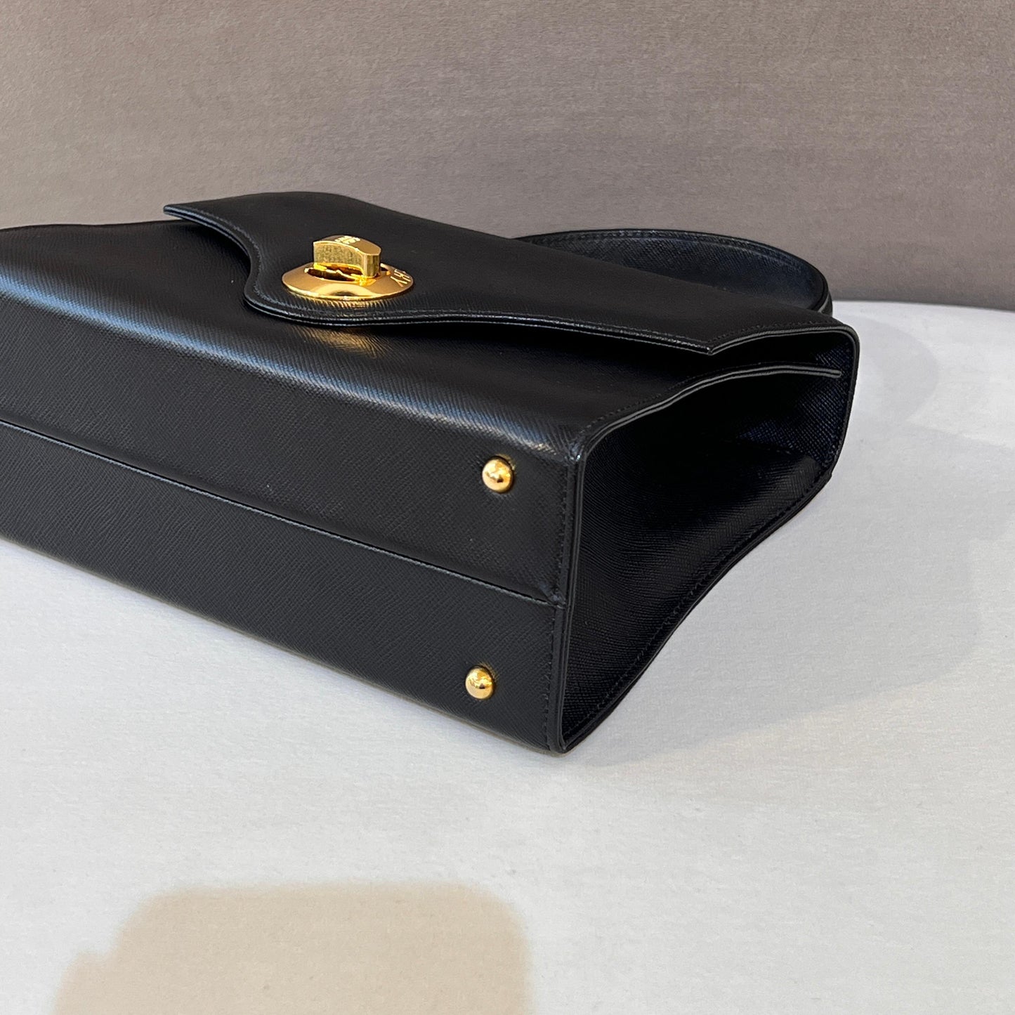 Givenchy Vintage Black Leather Gold Logo Clasp Top Handle Bag