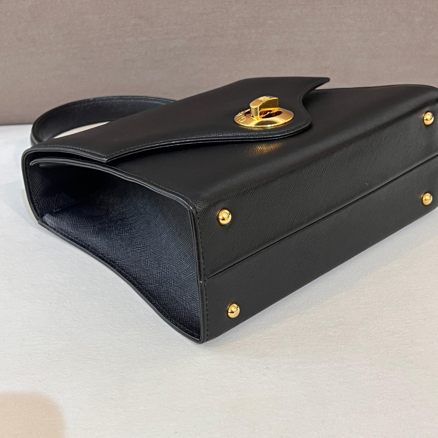 Givenchy Vintage Black Leather Gold Logo Clasp Top Handle Bag