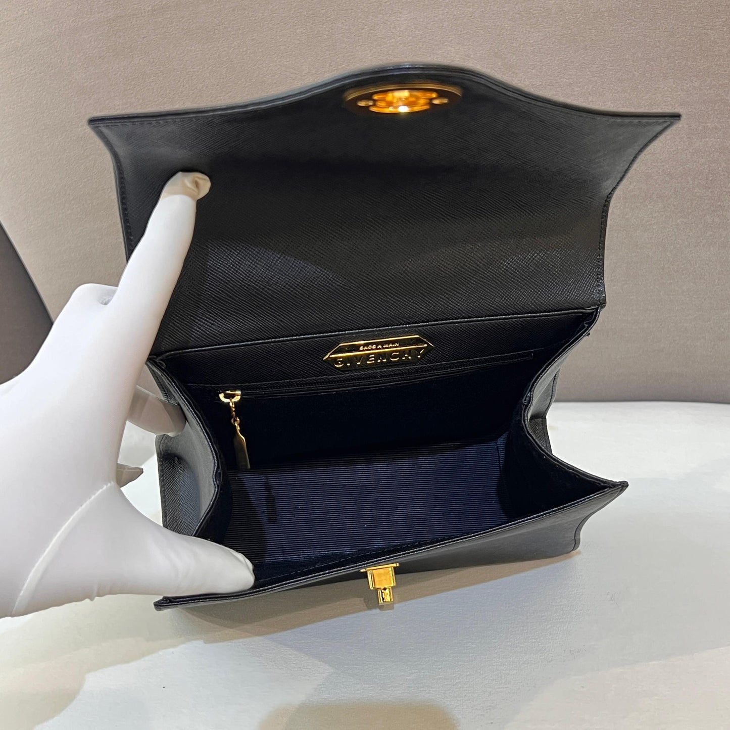Givenchy Vintage Black Leather Gold Logo Clasp Top Handle Bag