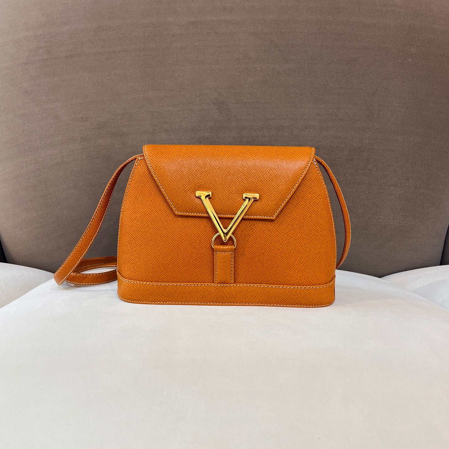 Valentino Garavani Vintage Camel Brown Leather V Logo Shoulder Bag