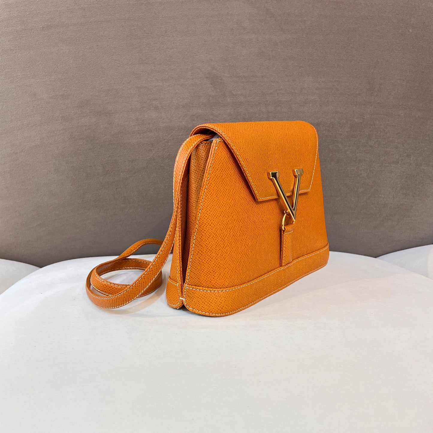 Valentino Garavani Vintage Camel Brown Leather V Logo Shoulder Bag