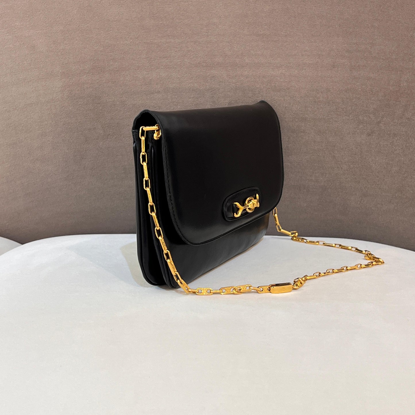 Celine Vintage Black Leather Gold Chain Semi-Shoulder Bag