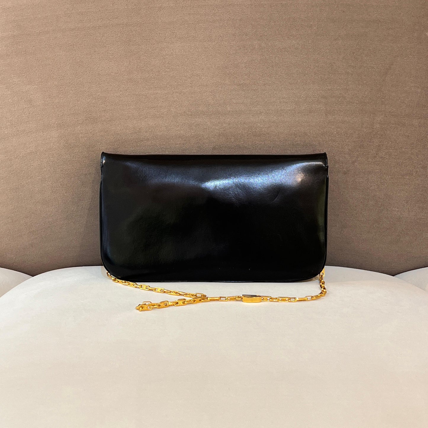 Celine Vintage Black Leather Gold Chain Semi-Shoulder Bag