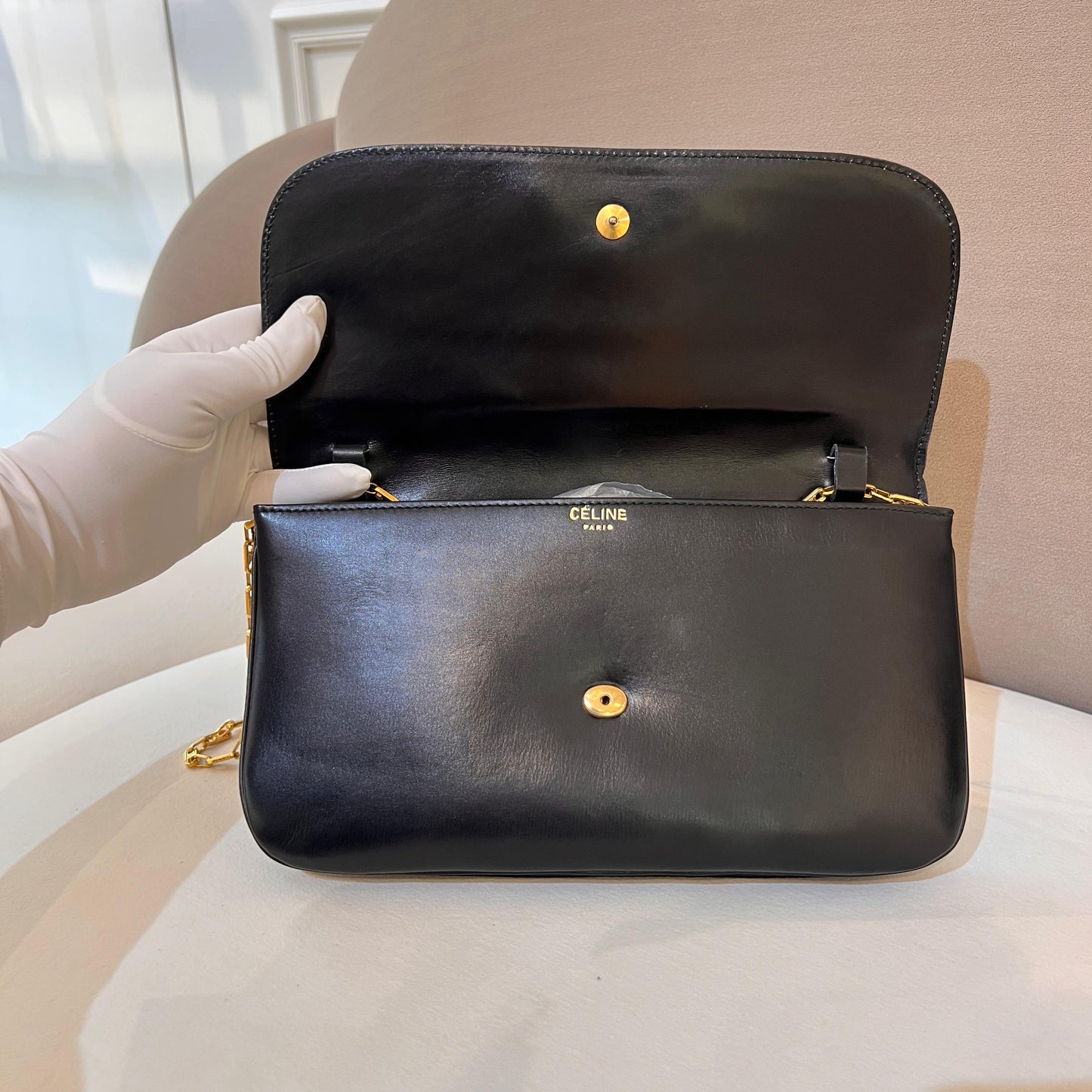 Celine Vintage Black Leather Gold Chain Semi-Shoulder Bag