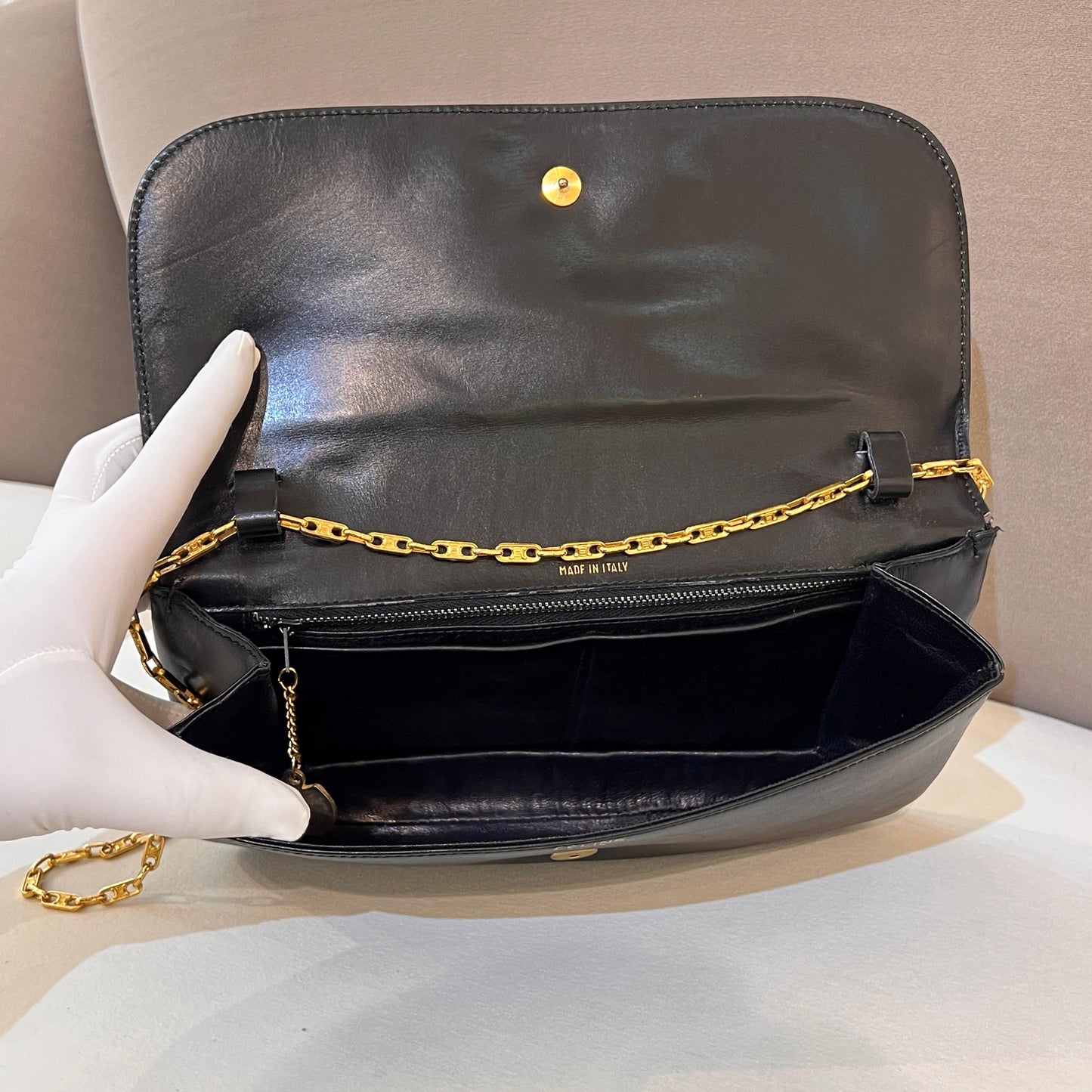 Celine Vintage Black Leather Gold Chain Semi-Shoulder Bag
