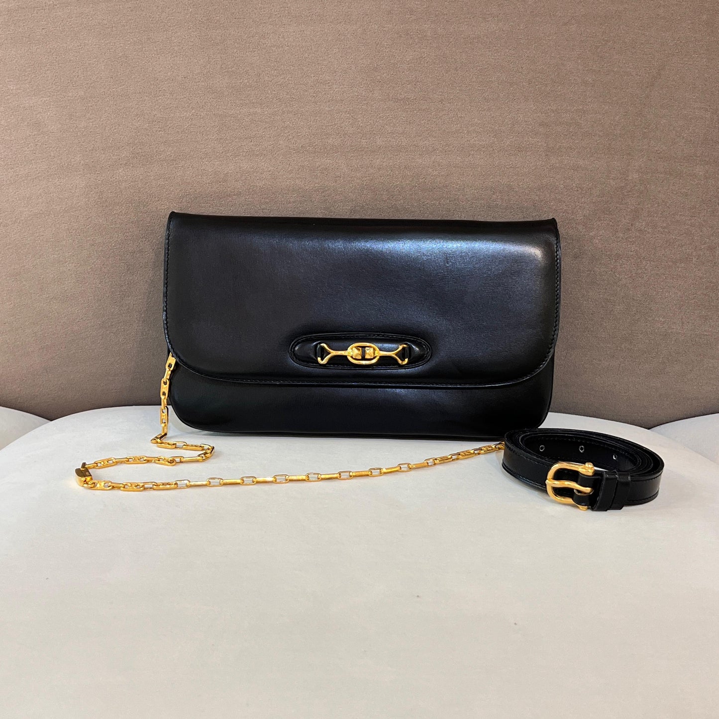 Celine Vintage Black Leather Gold Chain Semi-Shoulder Bag