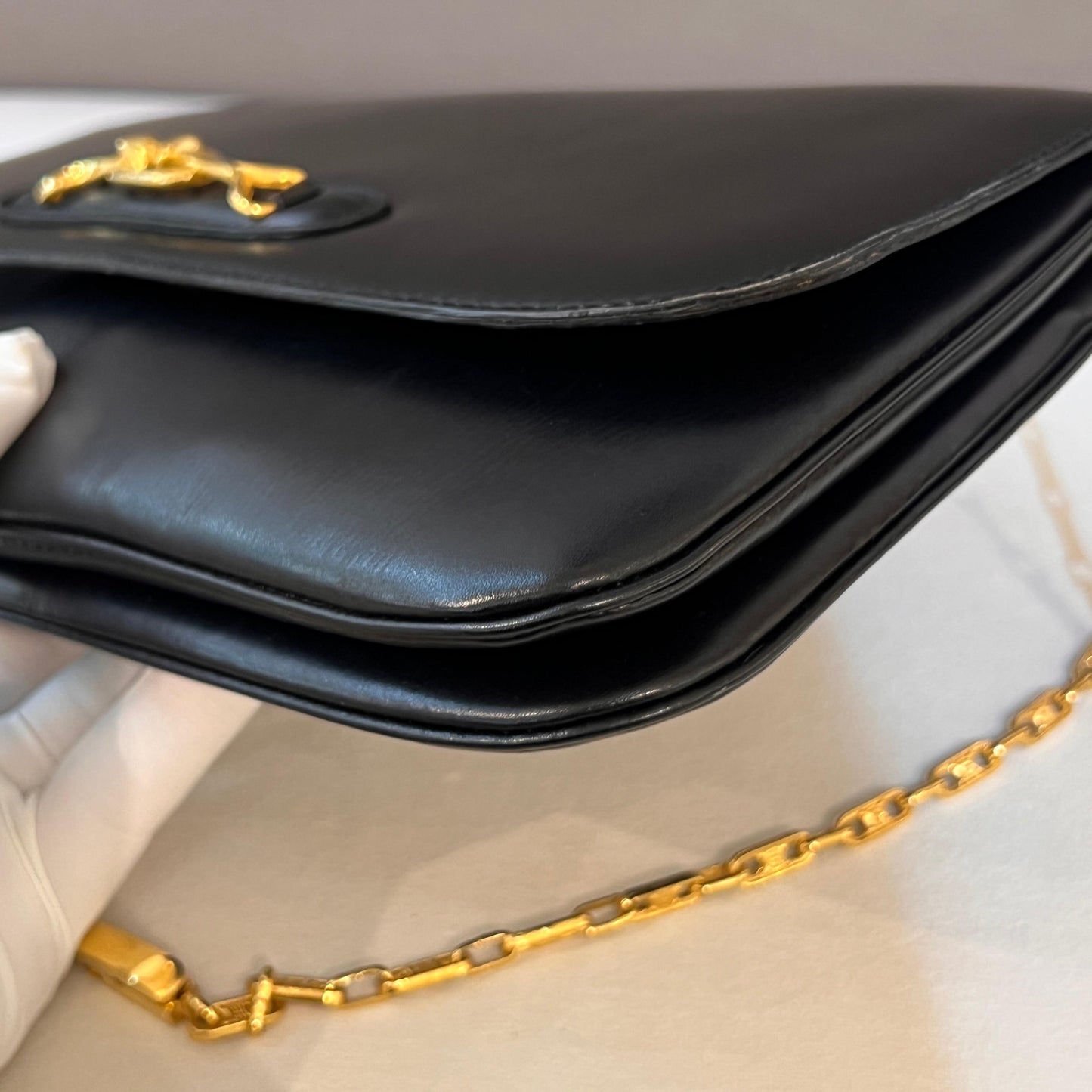 Celine Vintage Black Leather Gold Chain Semi-Shoulder Bag