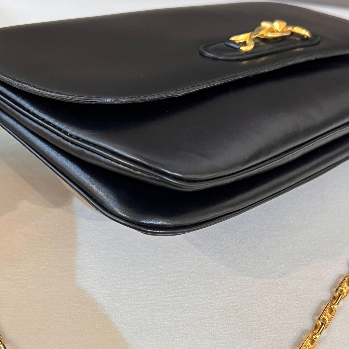 Celine Vintage Black Leather Gold Chain Semi-Shoulder Bag