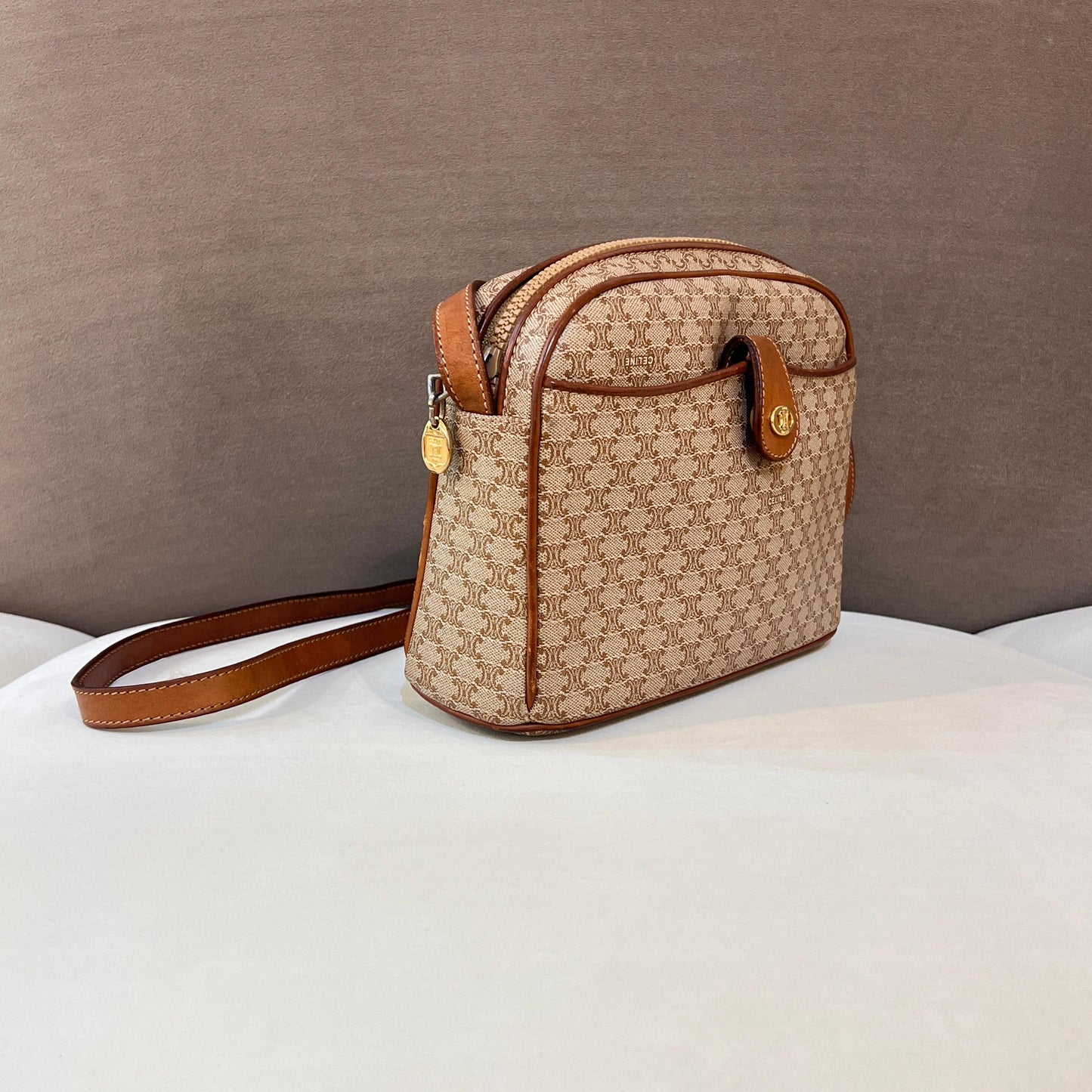 Celine Vintage Macadam Canvas Tan Leather Shoulder Bag