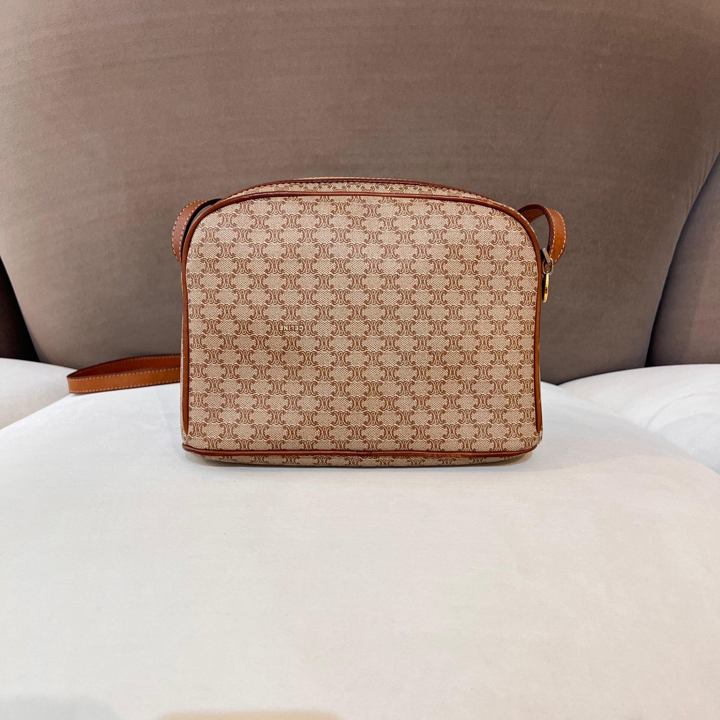 Celine Vintage Macadam Canvas Tan Leather Shoulder Bag