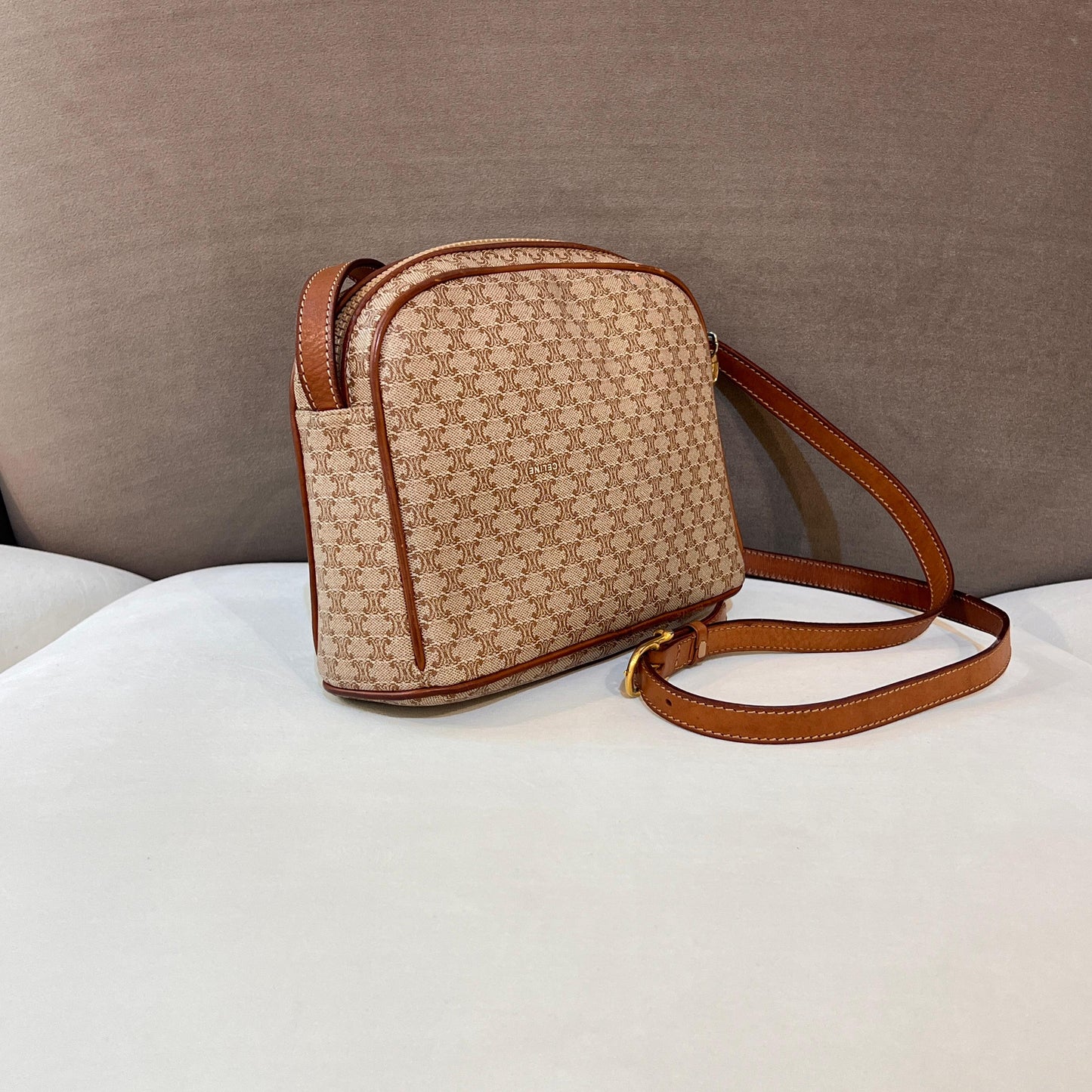 Celine Vintage Macadam Canvas Tan Leather Shoulder Bag