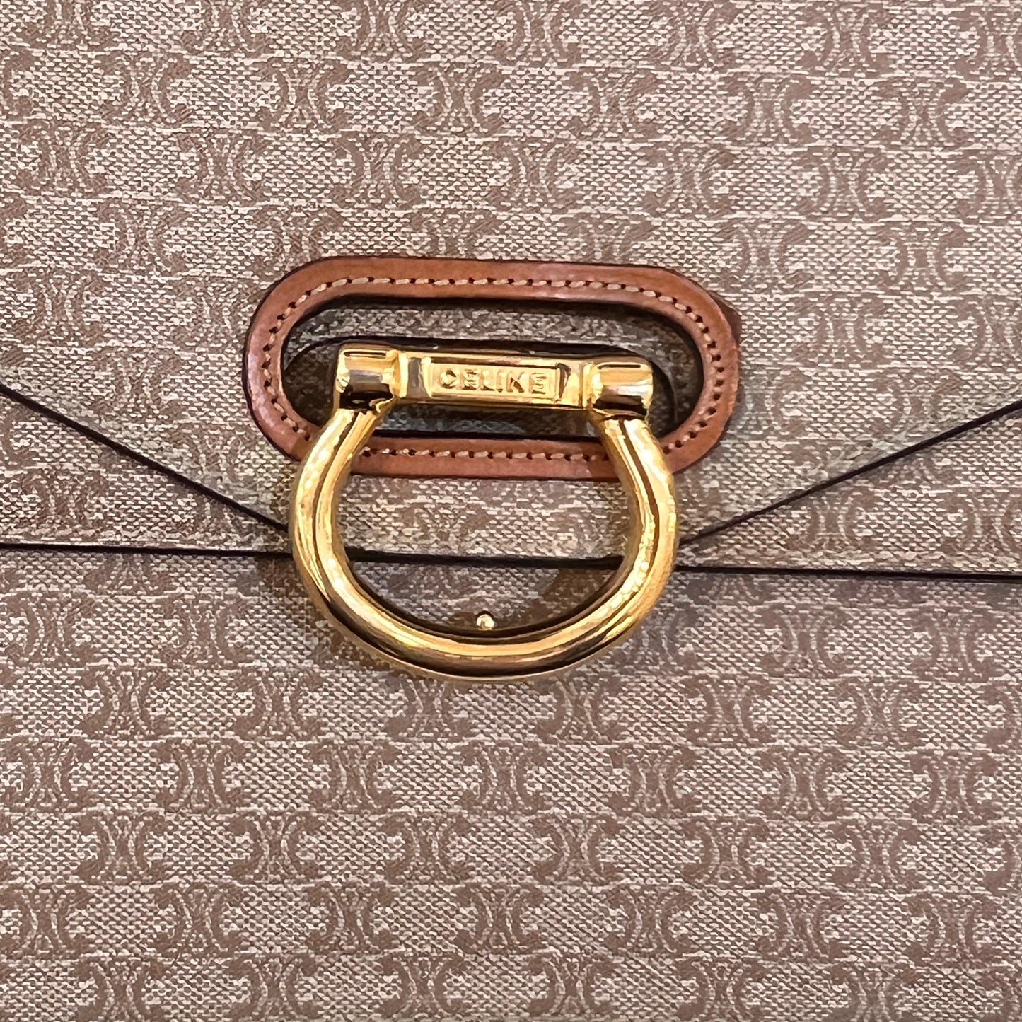 Celine Vintage Macadam Canvas Tan Leather Shoulder Bag