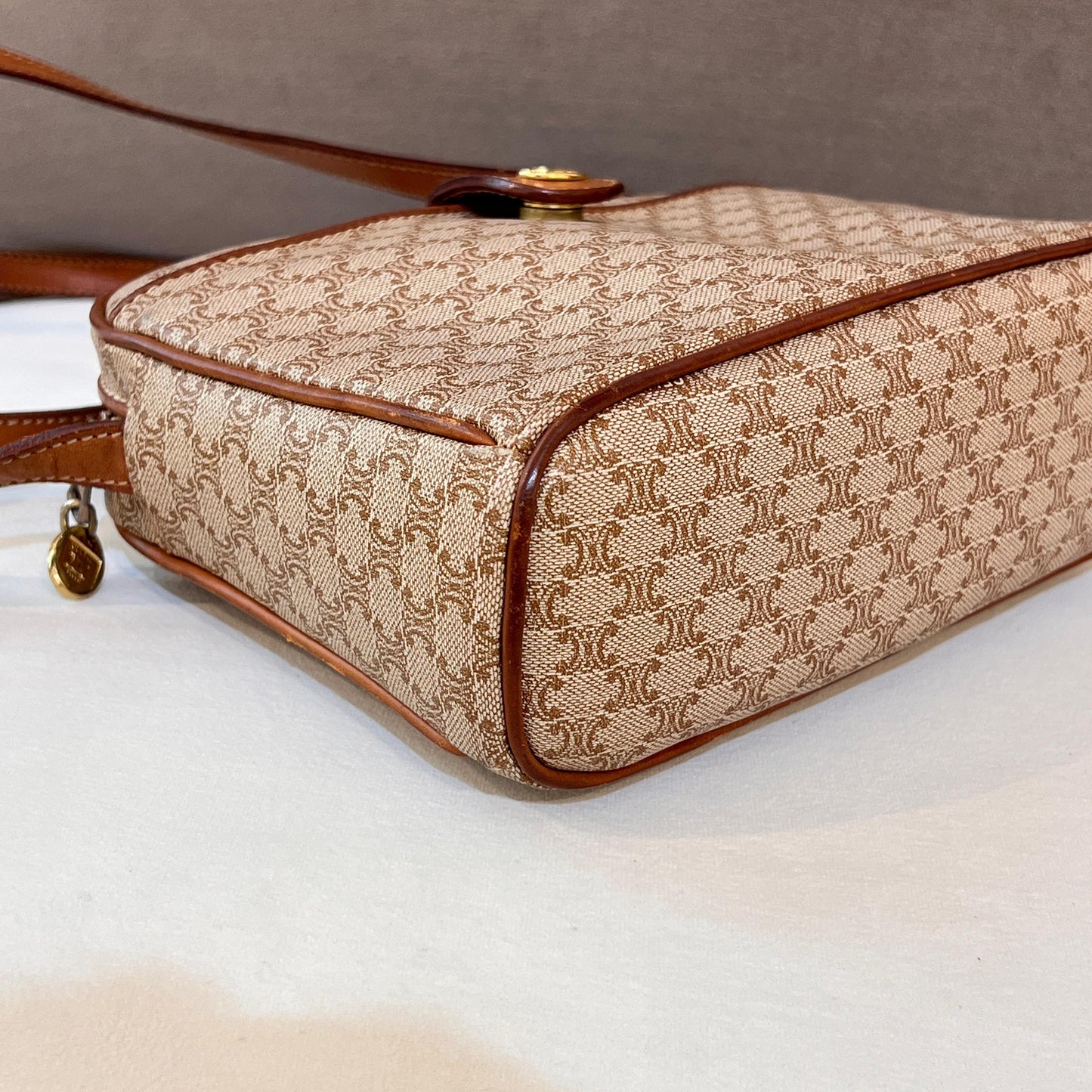 Celine Vintage Macadam Canvas Tan Leather Shoulder Bag