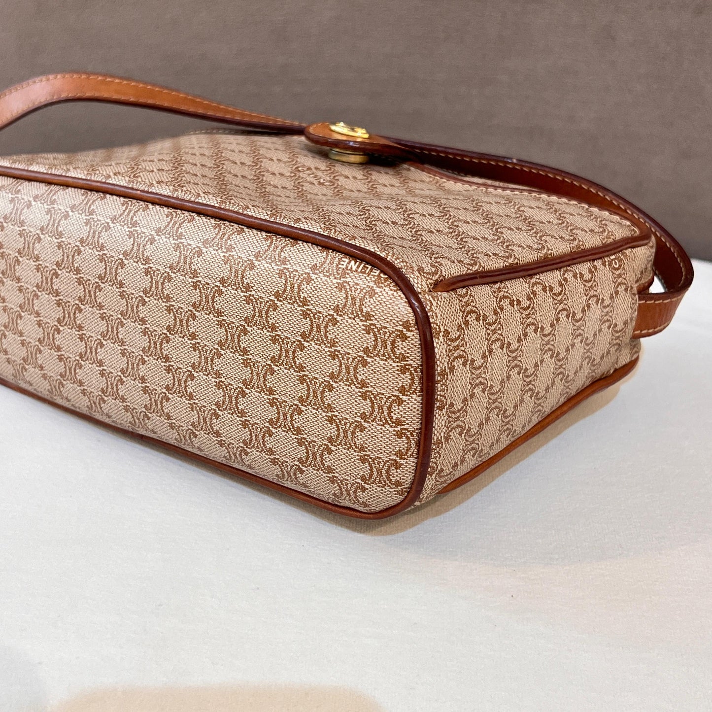 Celine Vintage Macadam Canvas Tan Leather Shoulder Bag