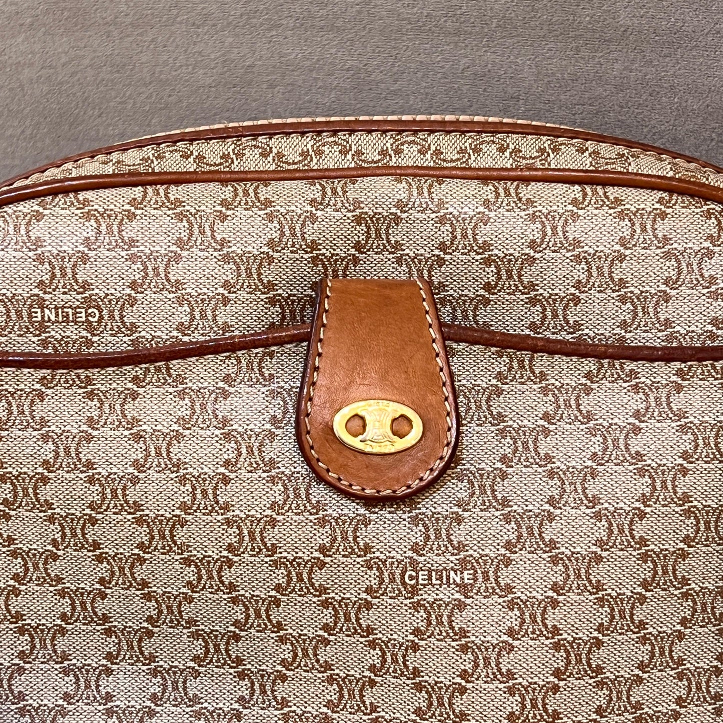 Celine Vintage Macadam Canvas Tan Leather Shoulder Bag
