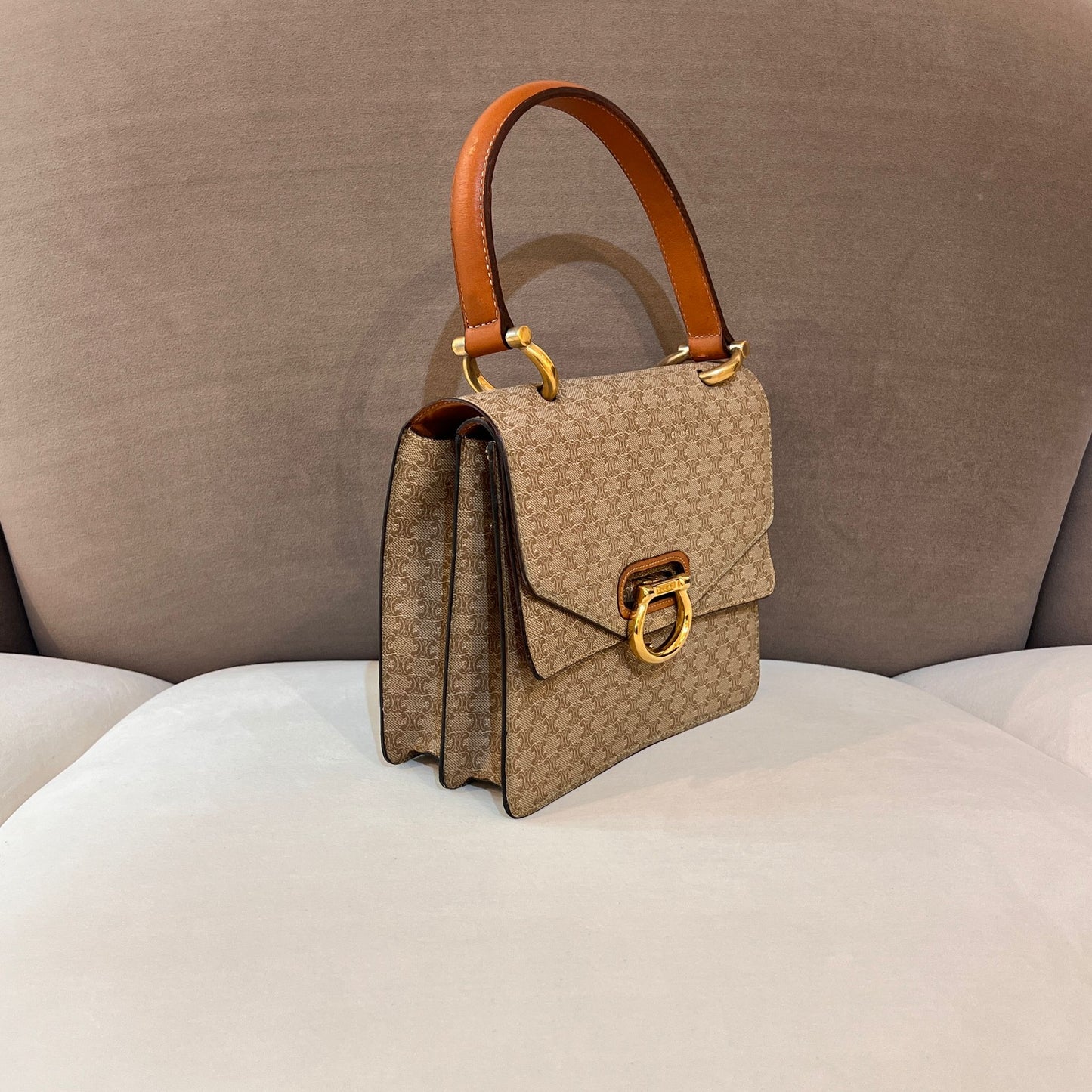 Celine Vintage Beige Triomphe Canvas Gold Horseshoe Clasp Handbag