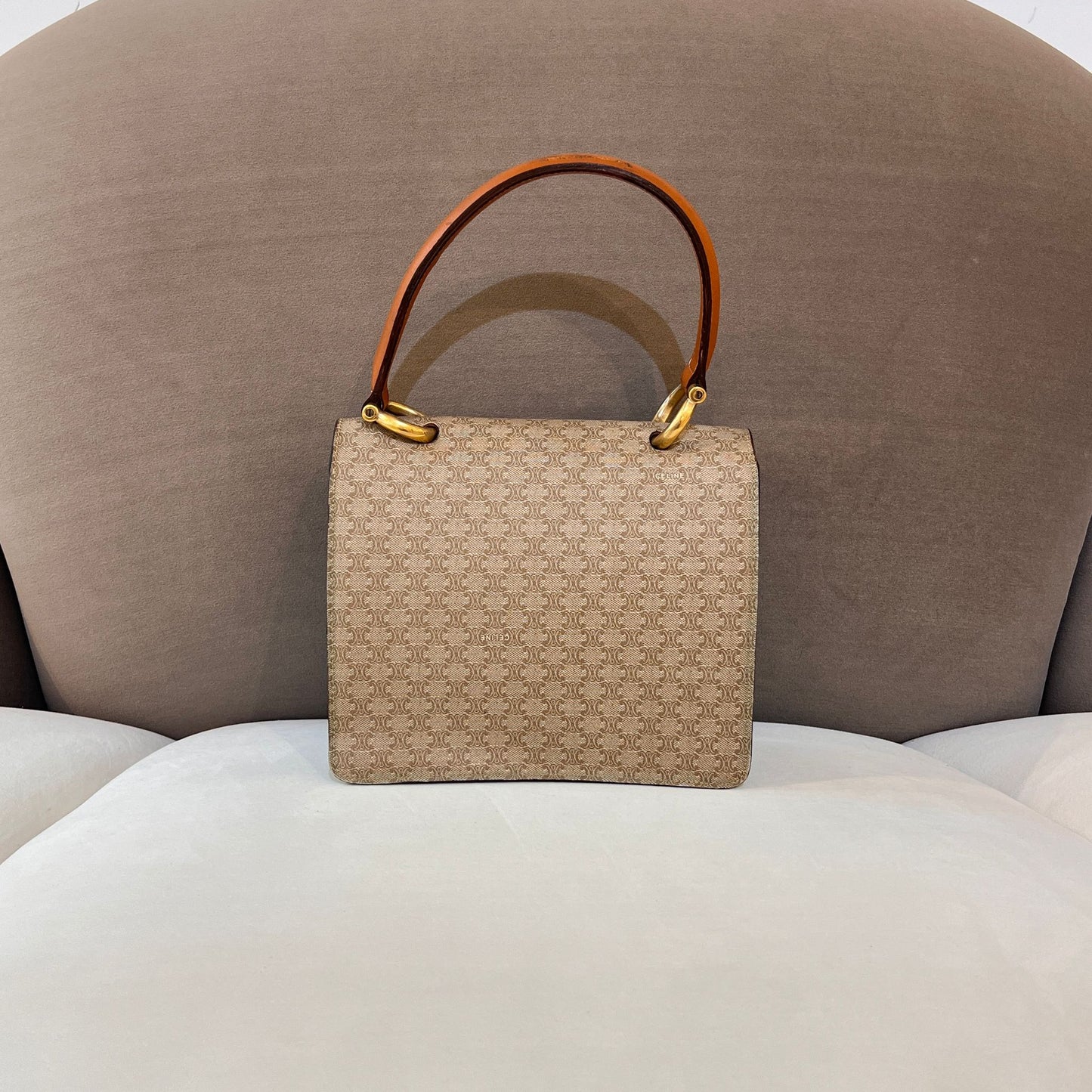 Celine Vintage Beige Triomphe Canvas Gold Horseshoe Clasp Handbag