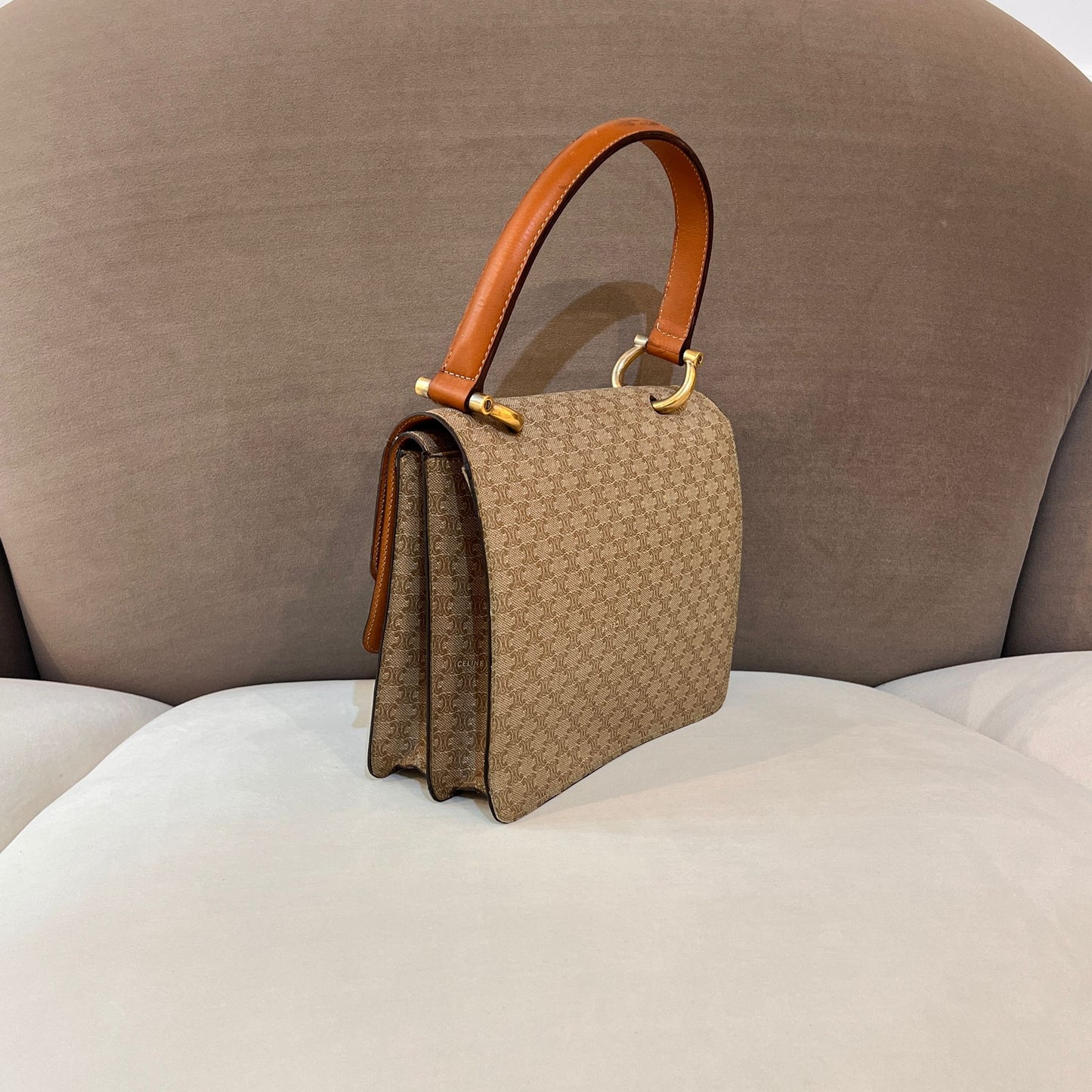 Celine Vintage Beige Triomphe Canvas Gold Horseshoe Clasp Handbag