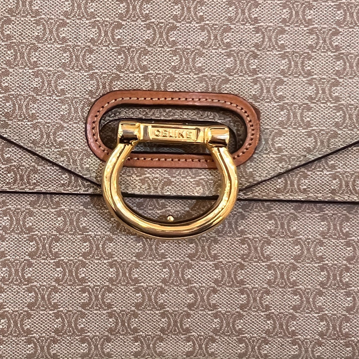 Celine Vintage Beige Triomphe Canvas Gold Horseshoe Clasp Handbag